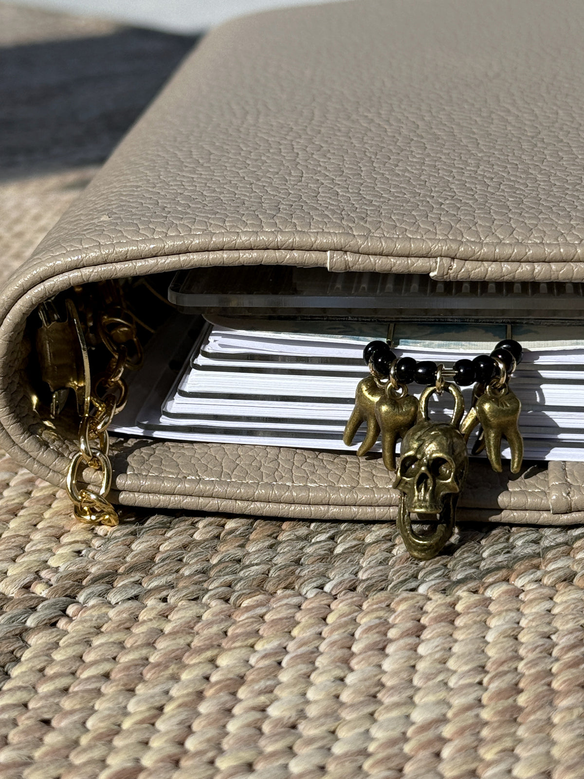 Bronze Skull & Teeth Planner Clip in a planner at an angle