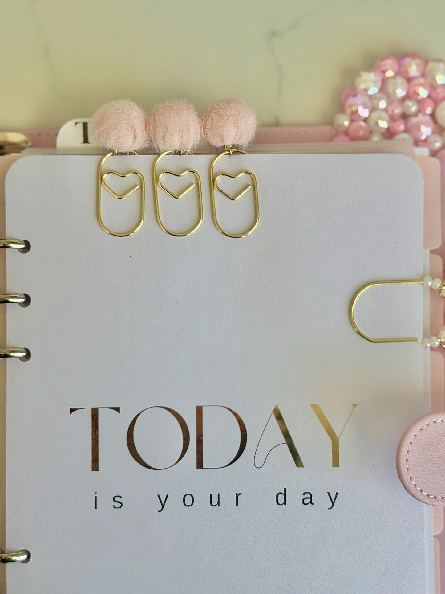 Valentines day Planner Accessory for Journal Planner Paper Clip for Travelers Notebook Paperclip Bookmark with Pom Pom Pink Planner Decor