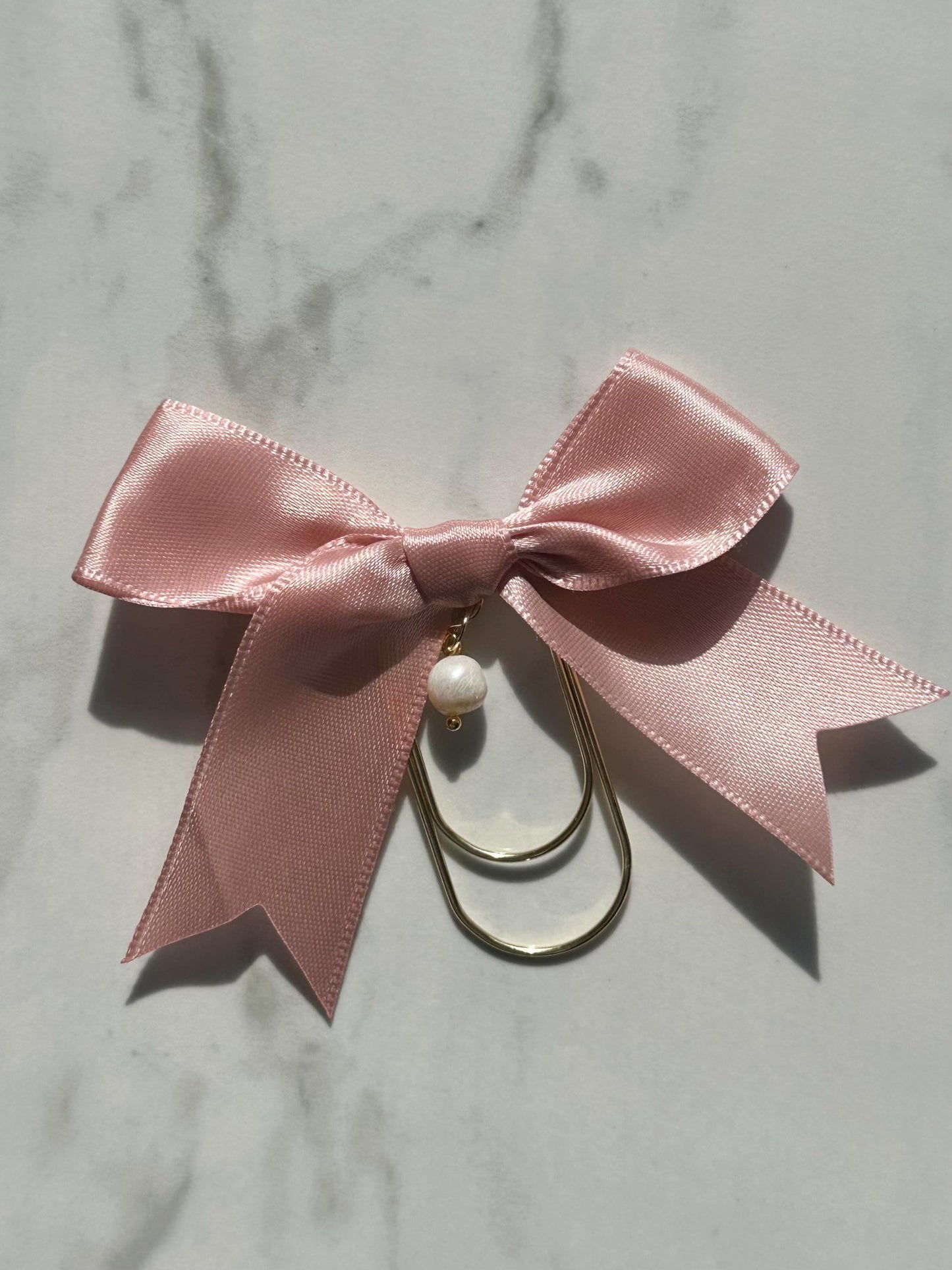 Pink Bow Paperclip, Pearl Gold Bookmark (Jumbo Size for Journals)