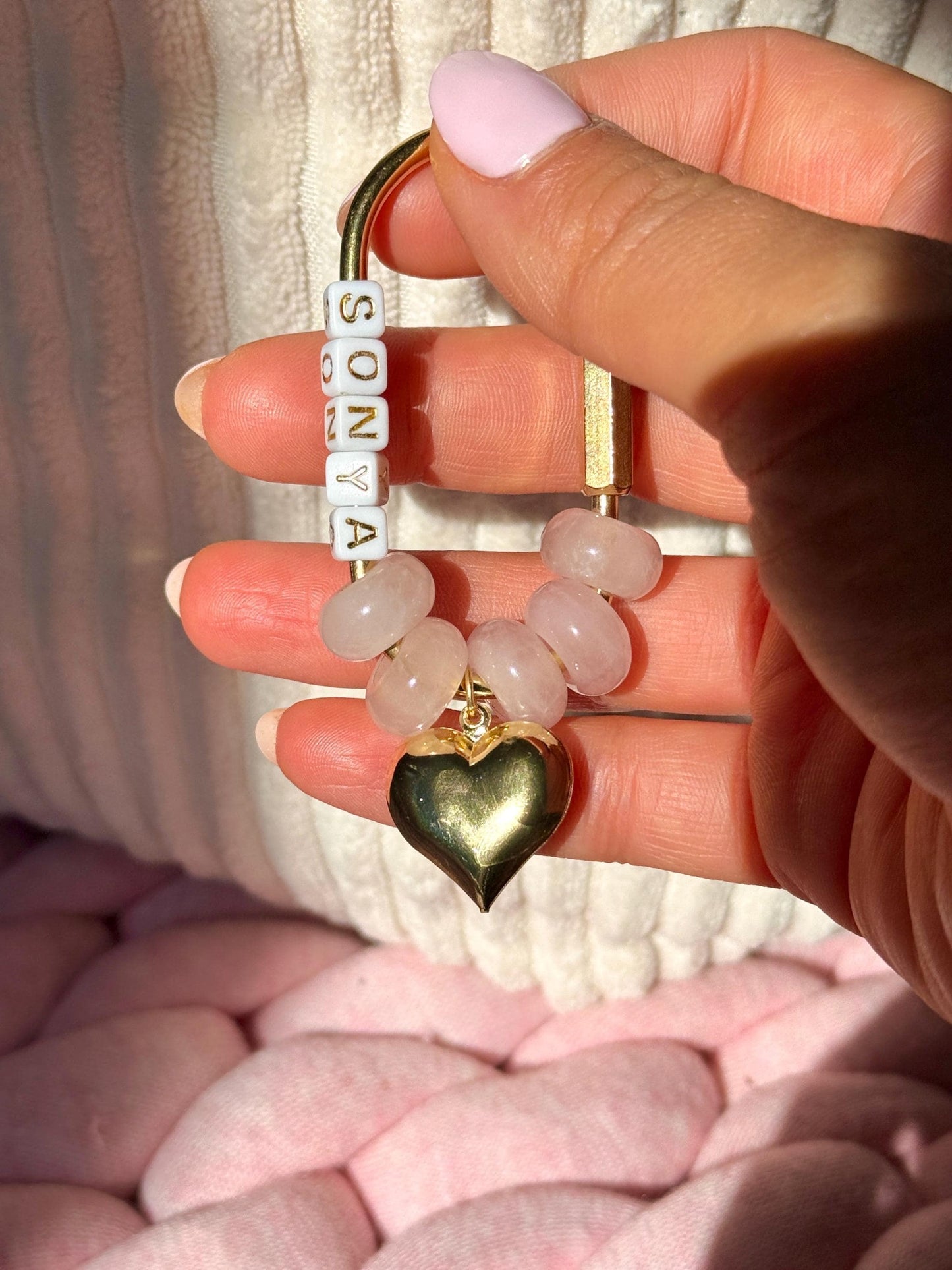 Carabiner Keychain: Rose Quartz Beads and Gold Charm (Customizable)