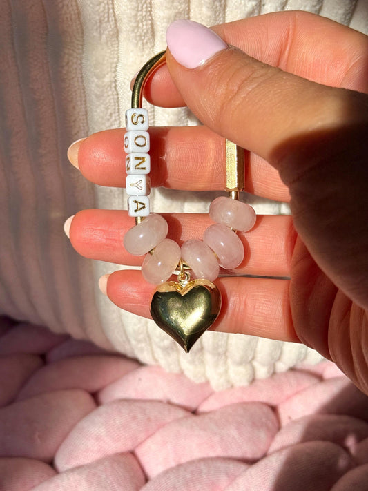 Carabiner Keychain: Rose Quartz Beads and Gold Charm (Customizable)