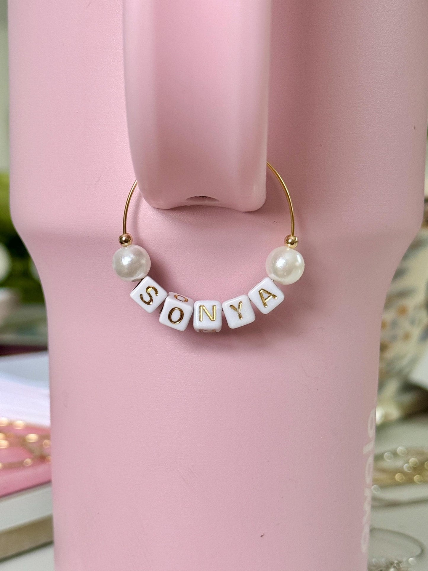 Personalized Tumbler Charm: Pink Pearl Name Tag for Stanley Cups