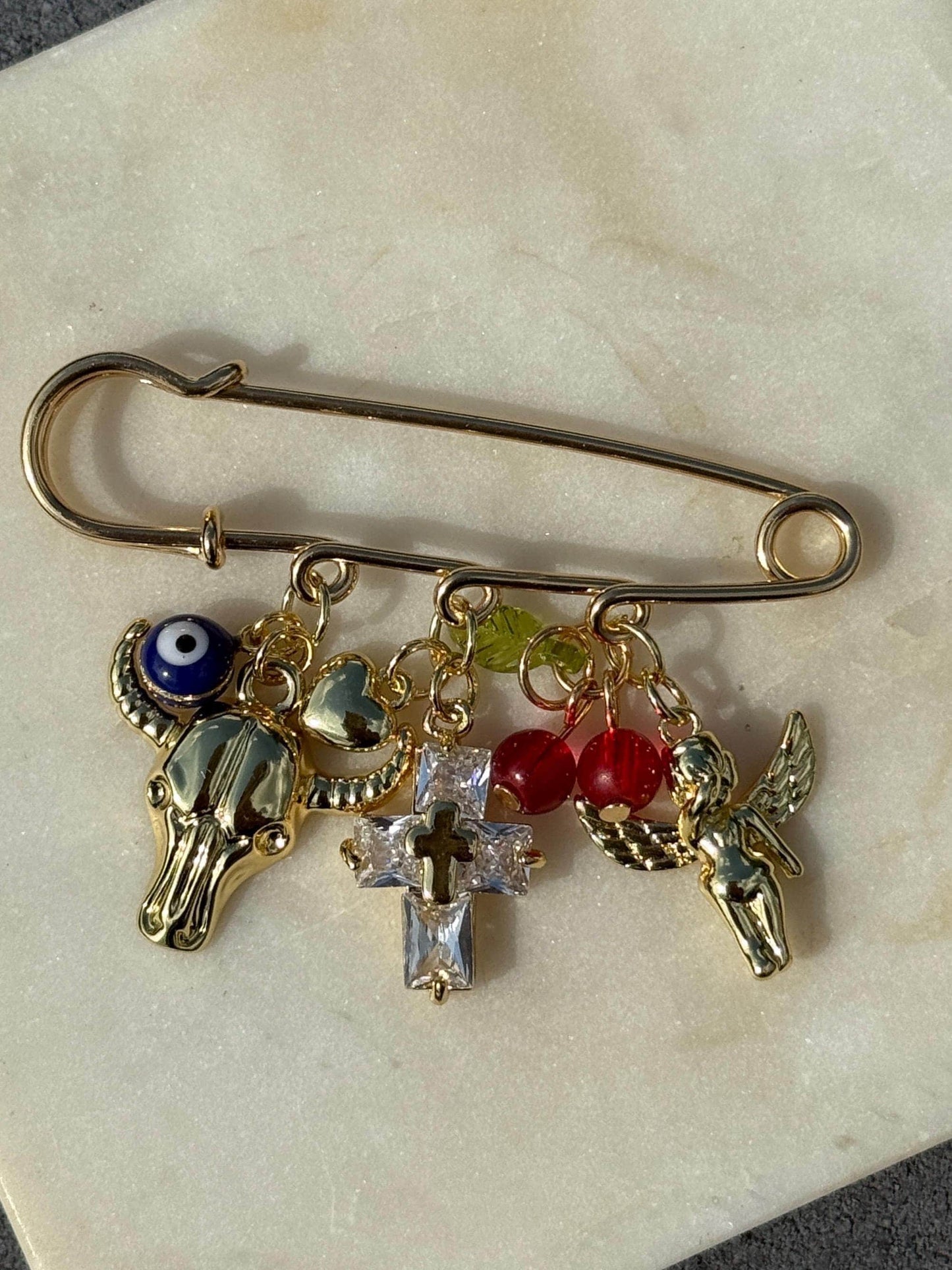 Handmade Gold Charm Pin Brooch, Mixed Charms (For Bags & Jackets)