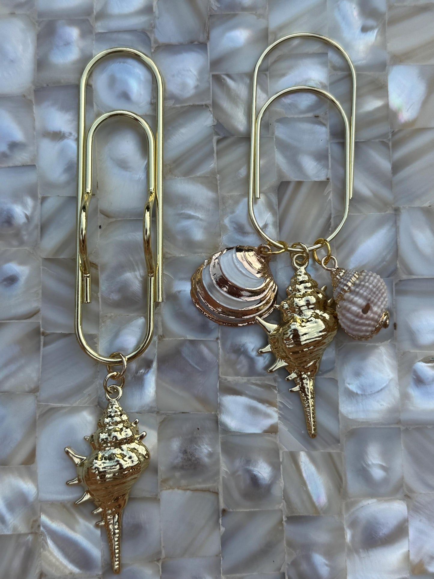 Set of 2 planner clips, summer journal accessories, pen holder, beach planner charms seashell charm gold charm