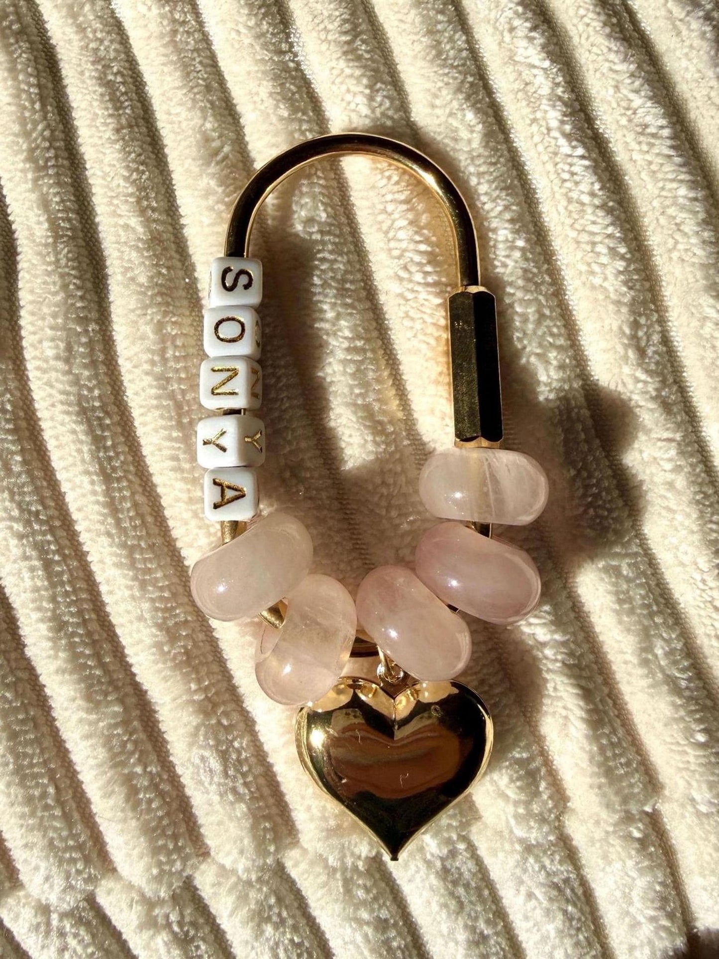 Carabiner Keychain: Rose Quartz Beads and Gold Charm (Customizable)