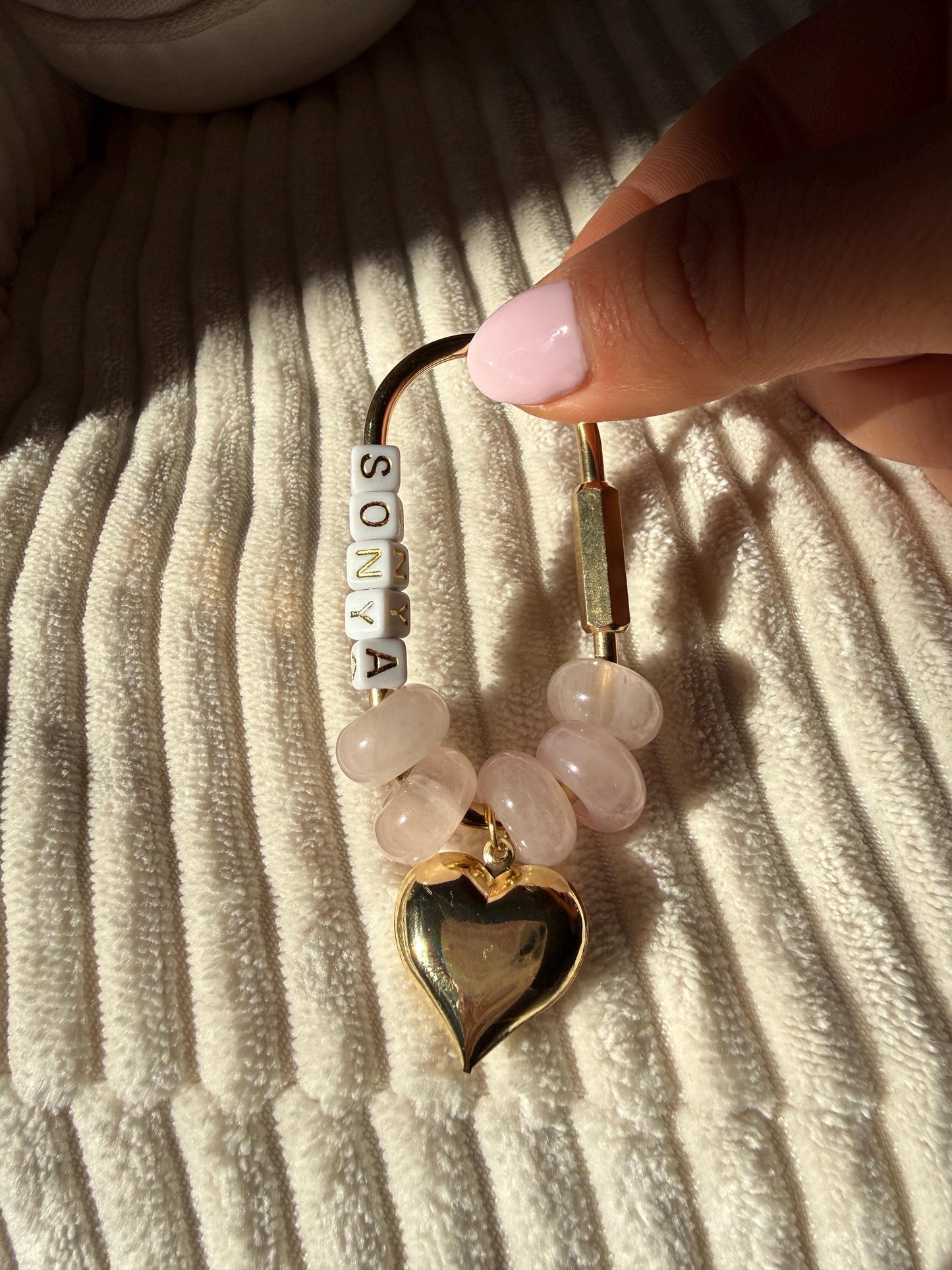 Carabiner Keychain: Rose Quartz Beads and Gold Charm (Customizable)