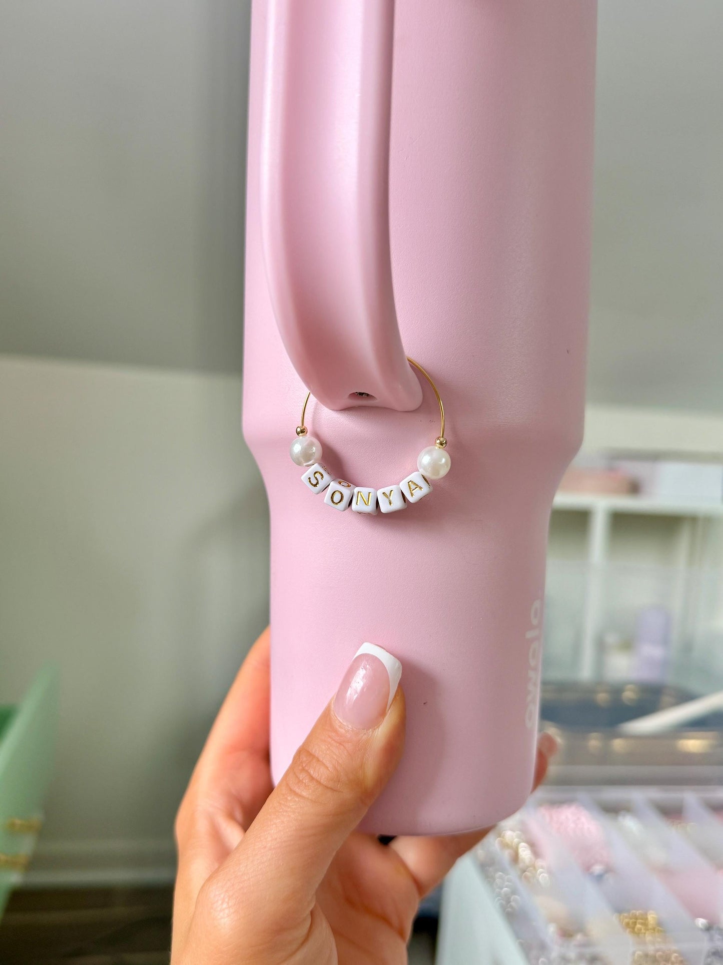 Personalized Tumbler Charm: Pink Pearl Name Tag for Stanley Cups