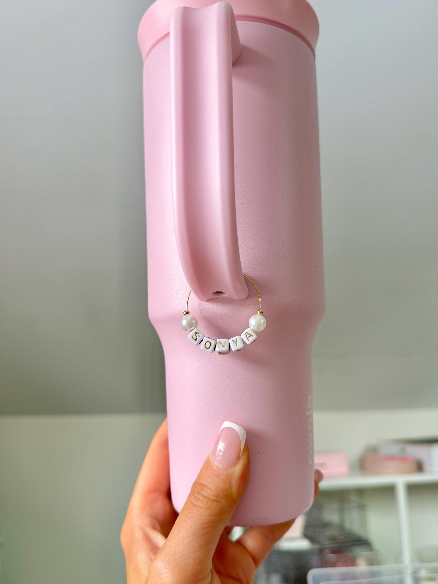 Personalized Tumbler Charm: Pink Pearl Name Tag for Stanley Cups
