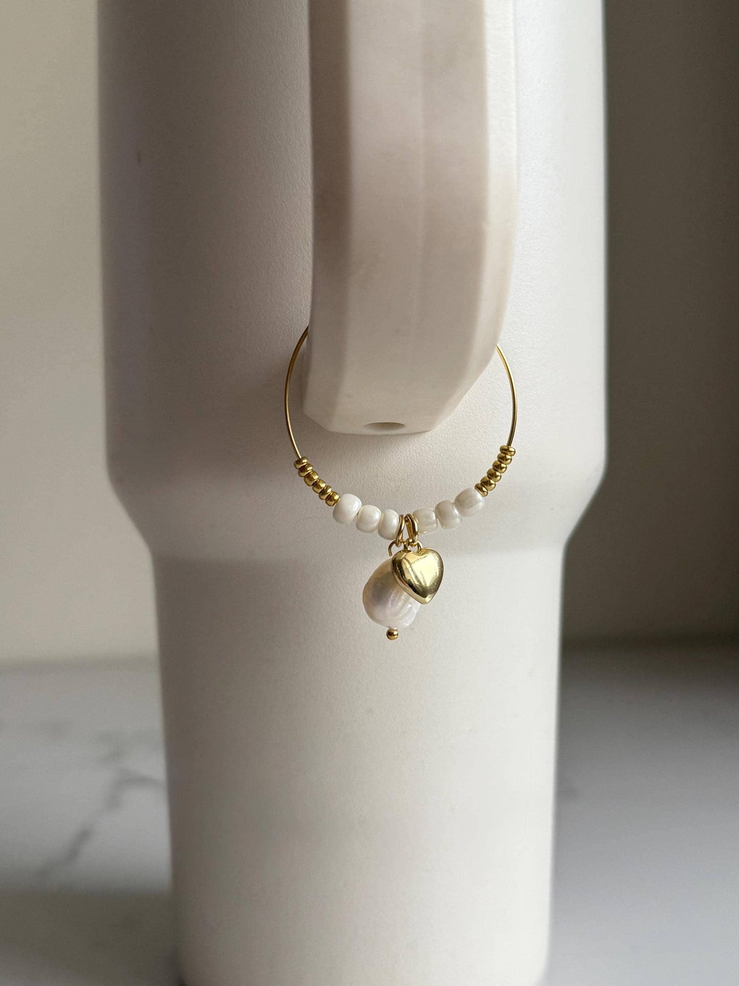 Tumbler Cup Charm: Pearl and Heart Design (18k Gold Plated)