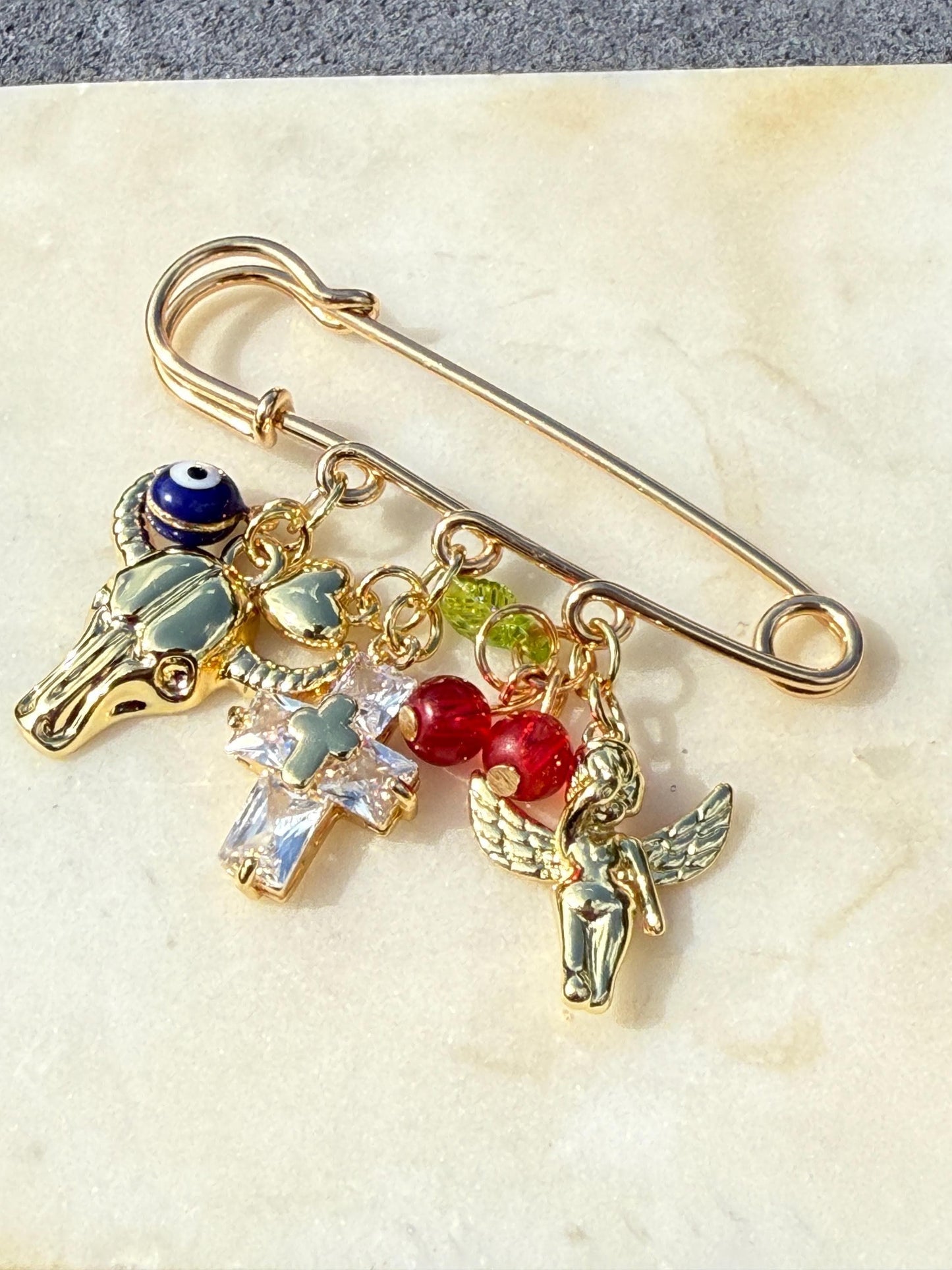 Handmade Gold Charm Pin Brooch, Mixed Charms (For Bags & Jackets)