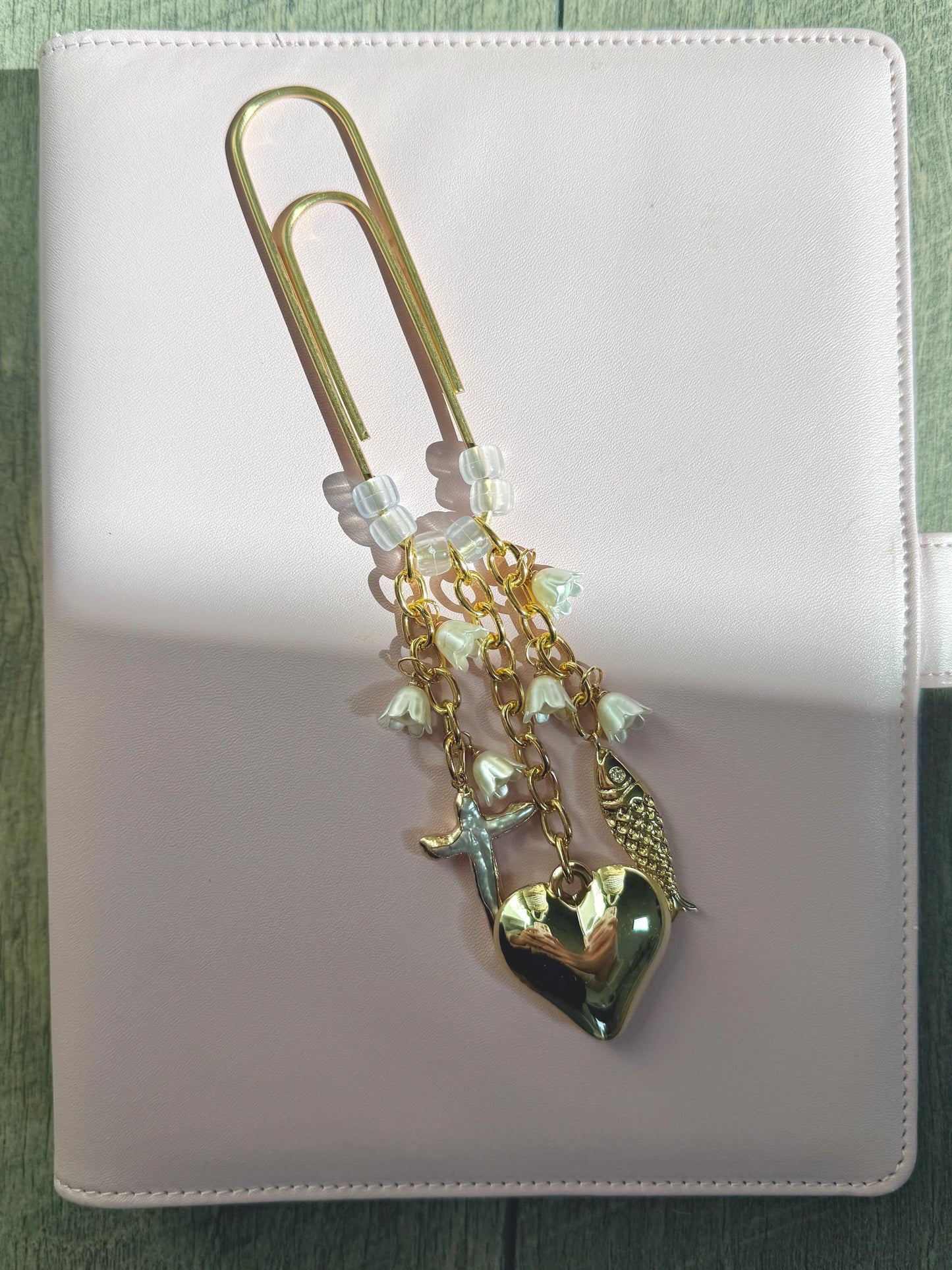 Extra Jumbo Paperclip Bookmark: Pink Pearl Bow with Cross Charm
