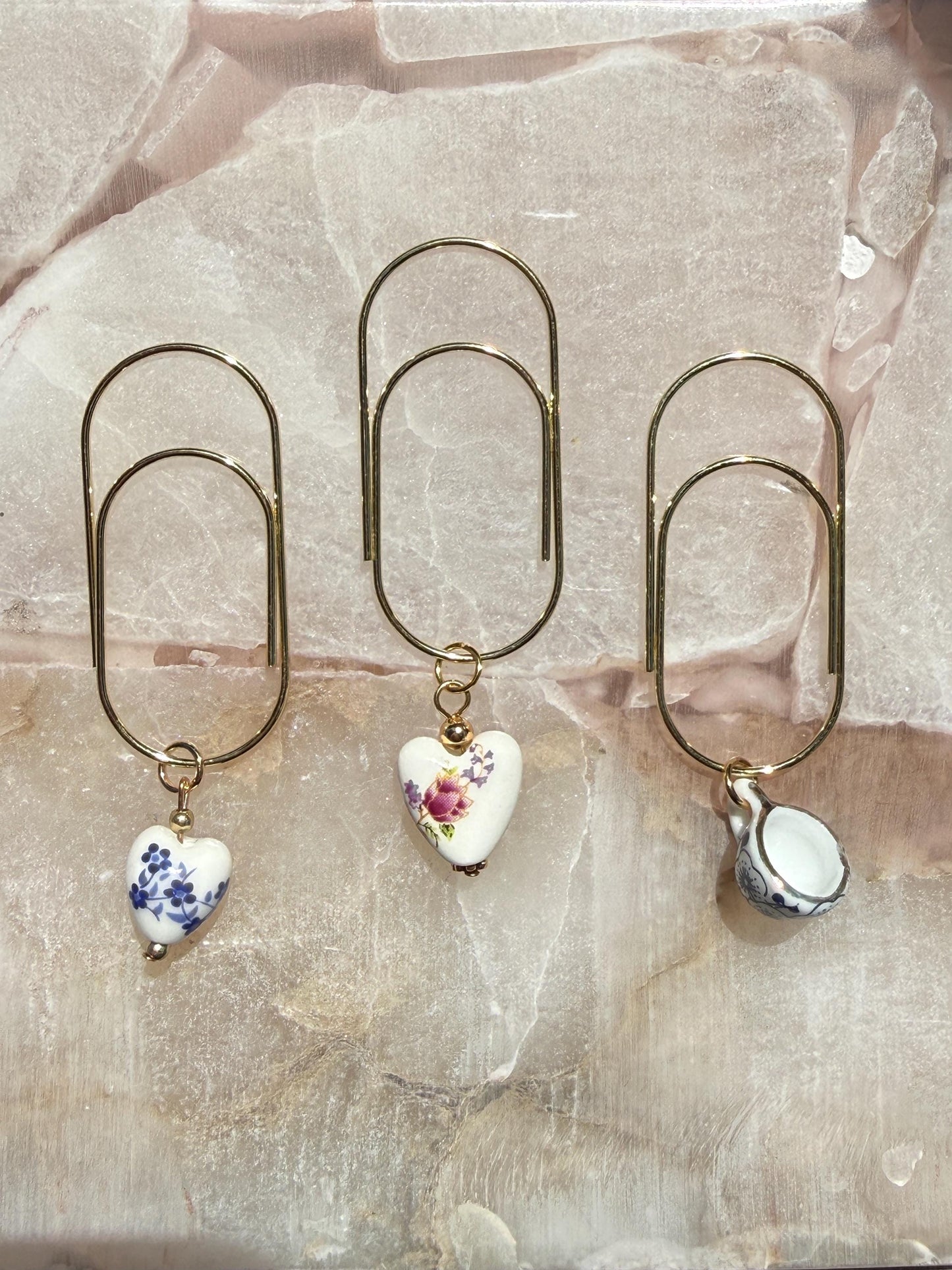 Set of 3 planner clips, summer journal accessories, porcelain planner charms heart charm summer aesthetic