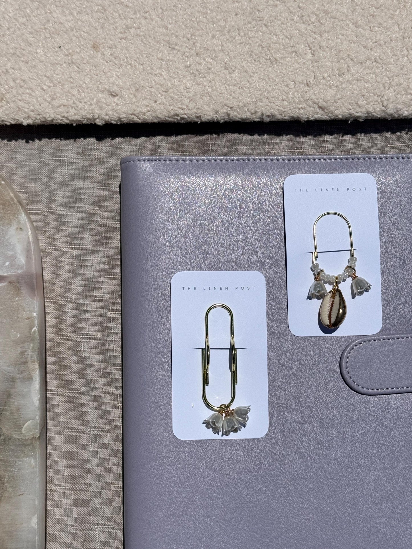 Set of 2 planner accessories, pen holder, planner clips, summer journal accessories, seashell planner charms cute charm gold charm floral