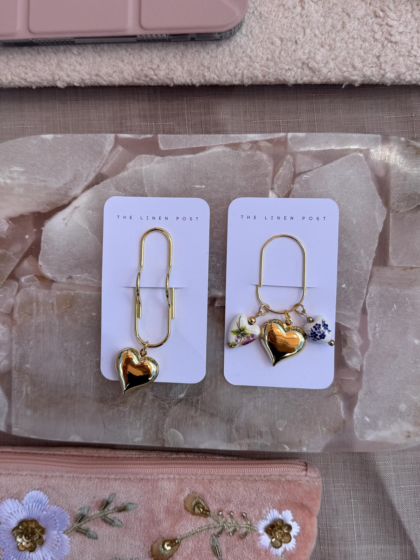 Pen holder, pencil holder, planner clip with charm, planner pen holder clip, notebook clip with heart charm, gold planner accessory