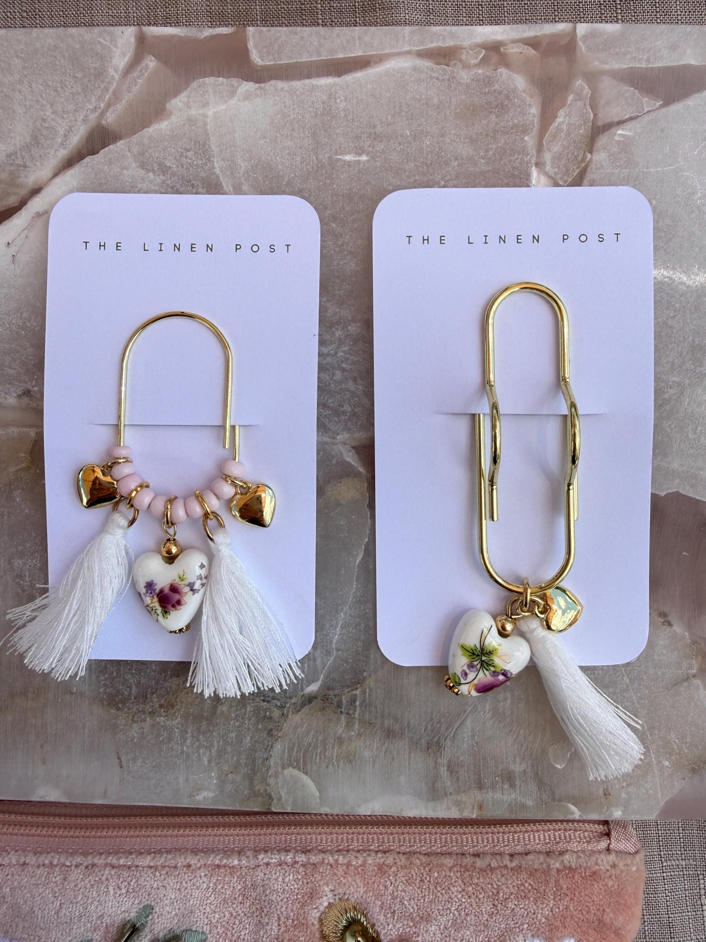 Pen holder, pencil holder, planner clip with charm, planner pen holder clip, notebook clip with heart charm, gold planner accessory