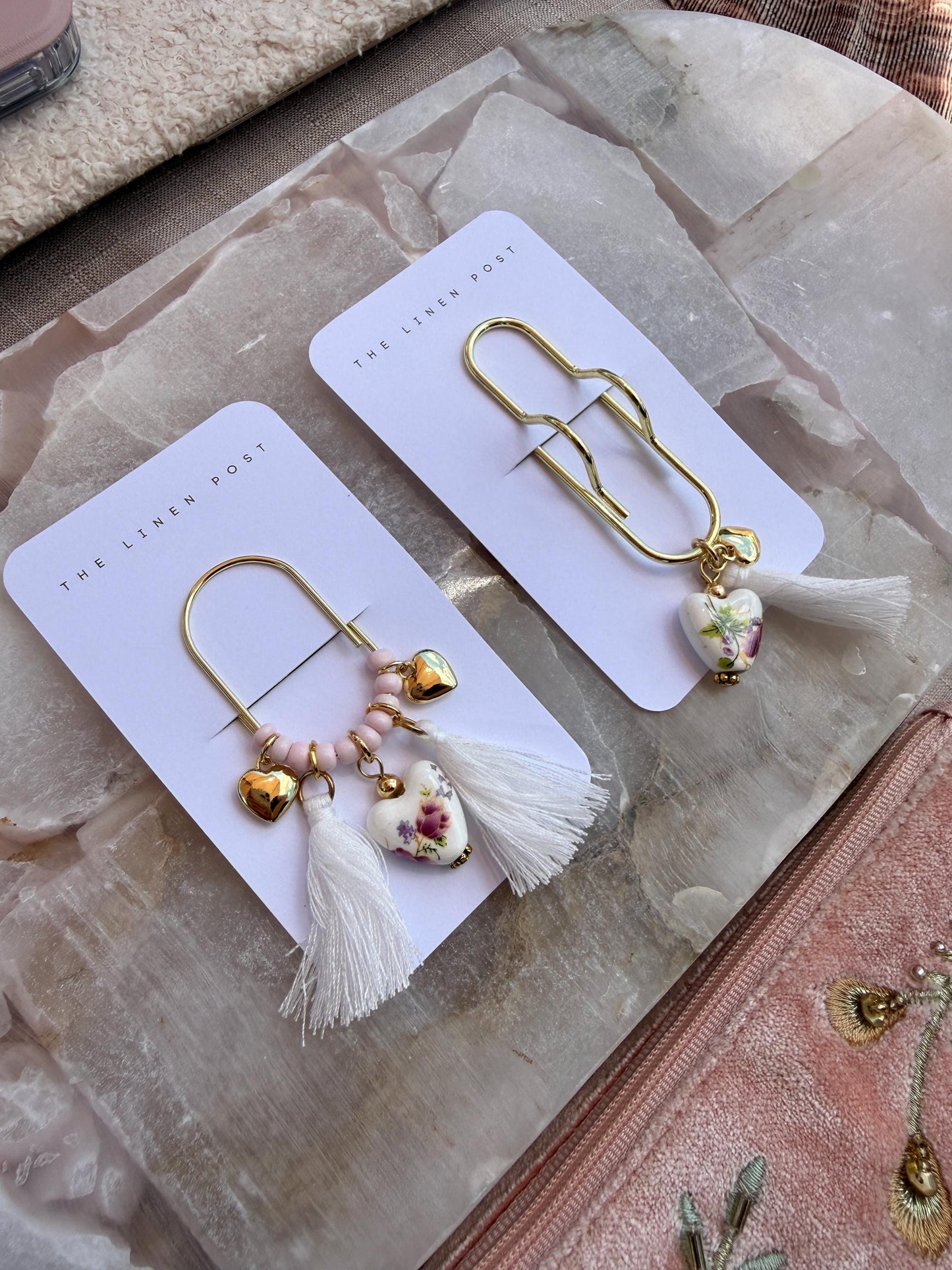 Pen holder, pencil holder, planner clip with charm, planner pen holder clip, notebook clip with heart charm, gold planner accessory