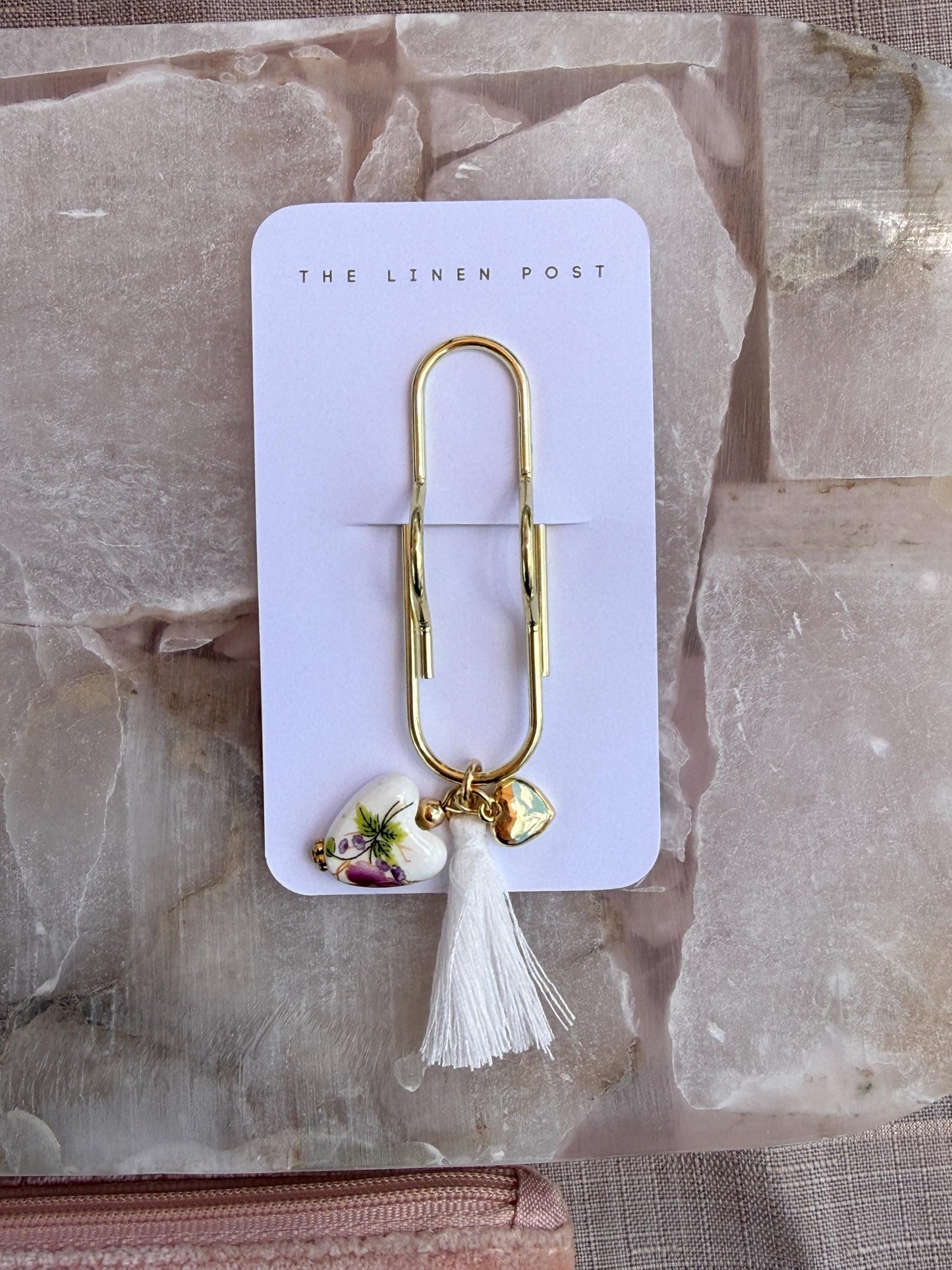 Pen holder, pencil holder, planner clip with charm, planner pen holder clip, notebook clip with heart charm, gold planner accessory