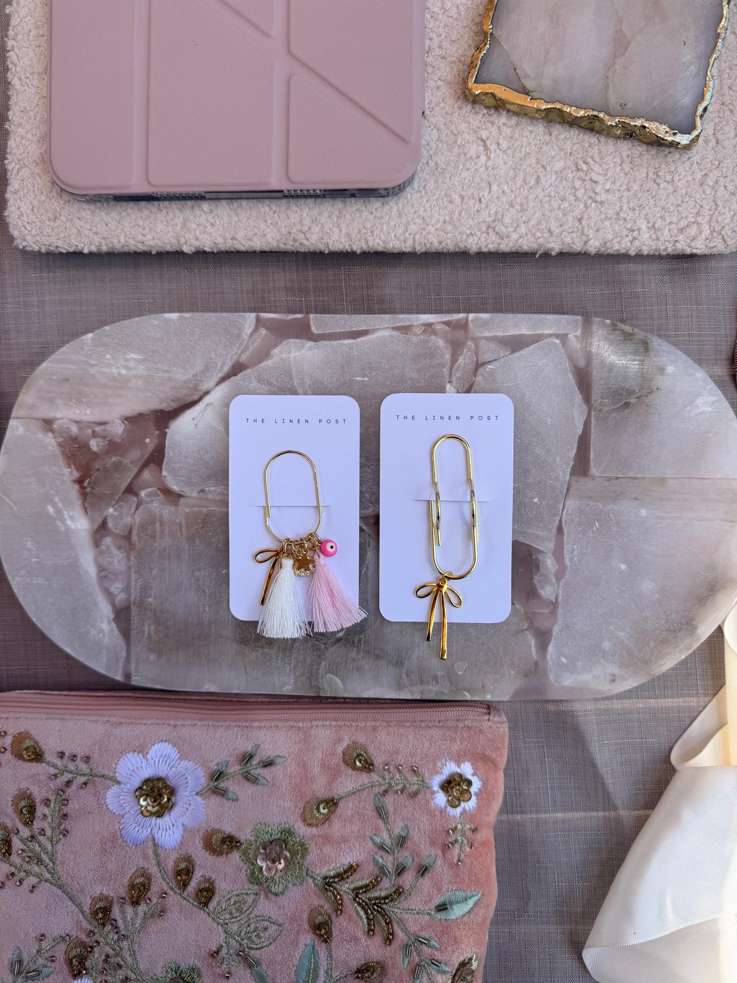 Set of 2 planner clips, summer journal accessories, pen holder, pink planner charm, planner decor, notebook accessories